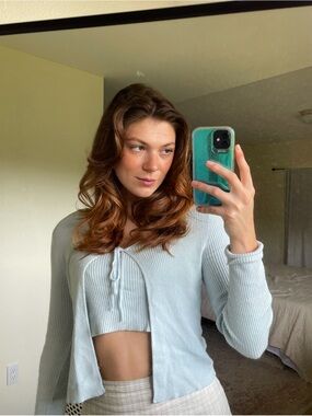 Light Blue Ribbed Tie-Front Crop Top and Cardigan Set
